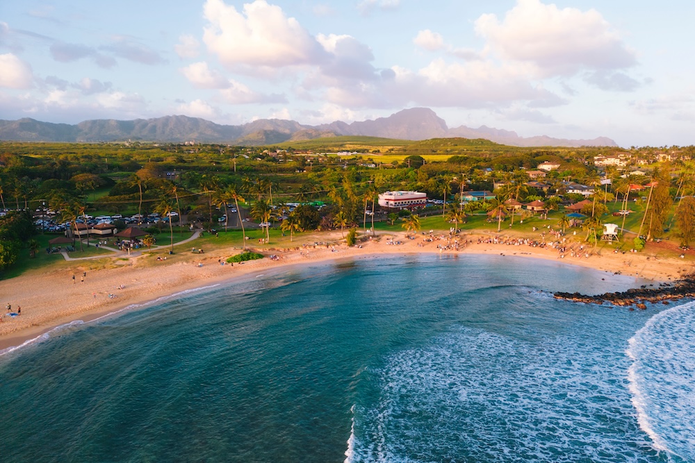 Poipu Beach aerial view at sunset