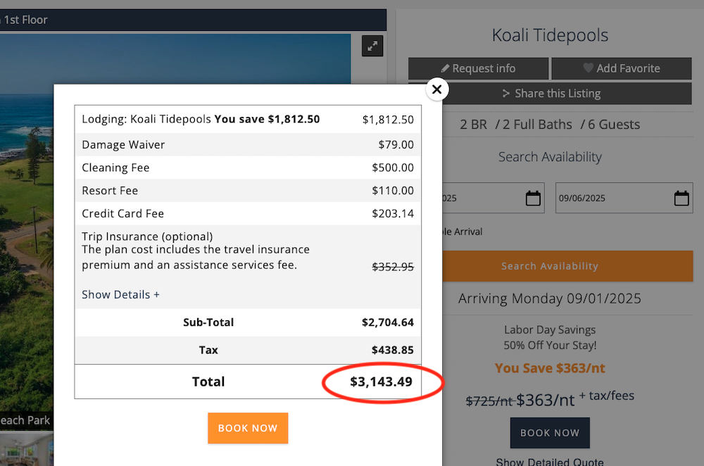 screenshot showing detailed pricing of a poipu beach vacation rental from suite paradise
