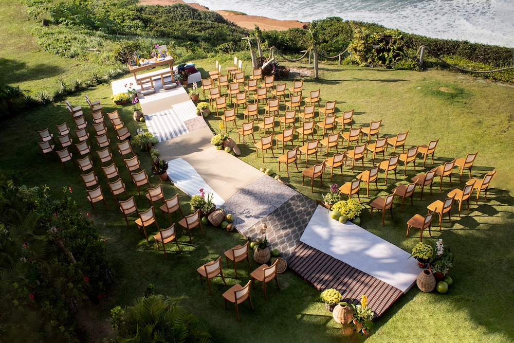 aerial view of the chairs and altar of a wedding ceremony in hawaii
