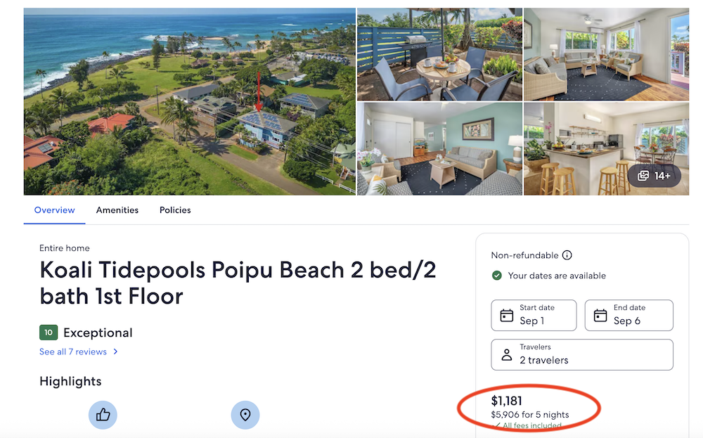 detailed price breakdown of a vacation rental on VRBO