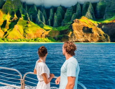 couple on a Napali Coast boat tour in Kauai