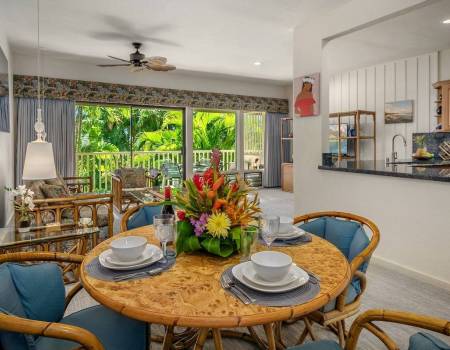 open concept kitchen, dining, living room at poipu rental