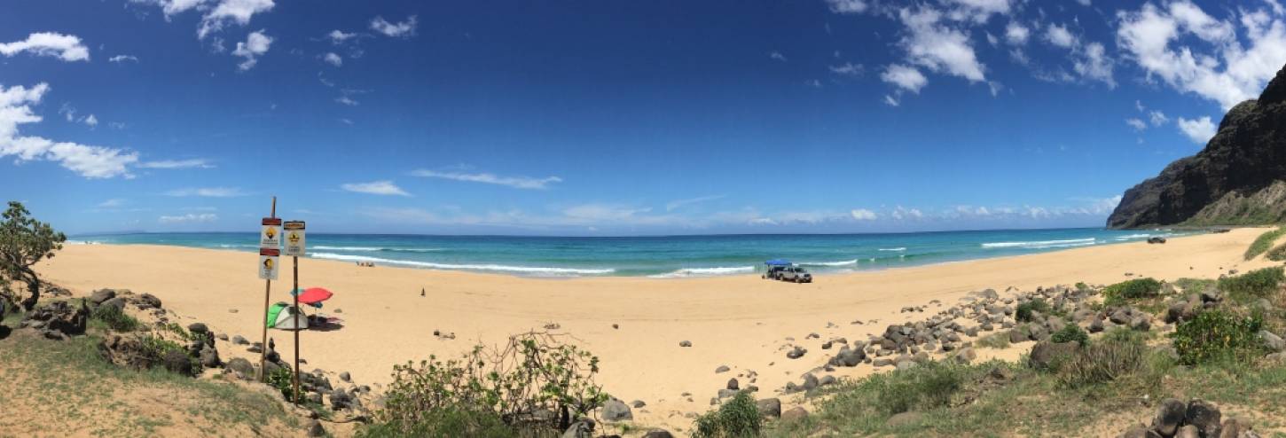 a mostly empty polihale beach on a clear day, with a truck parked near the water