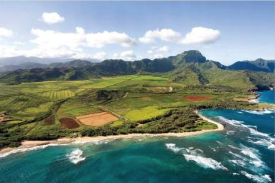 an aerial view of mahaulepu beach and the nearby mountains in kauai