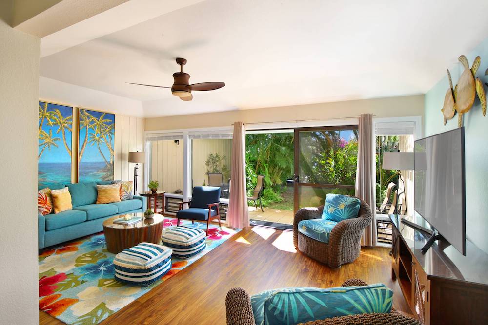 living room view of vacation rental in Kauai